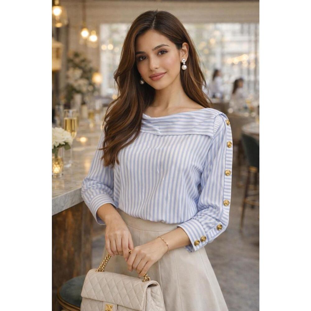 NWT Denim & Co Yarn Dyed Striped Top XL Blue Haze Button Shoulder Poplin - A2